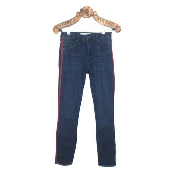 Abercrombie & Fitch Jeans High Rise Skinny Ankle Dark Wash Red Stripe Raw Hem - Picture 1 of 9